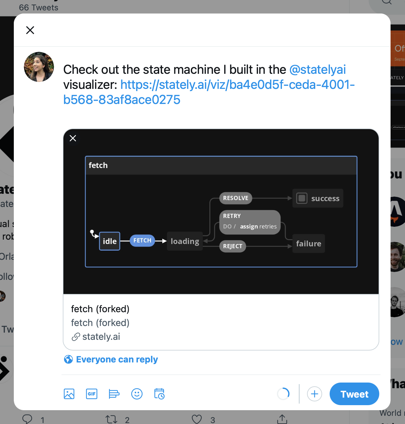 Composed tweet with the text “Check out the state machine I built in the @statelyai visualizer”, and a link to the machine.